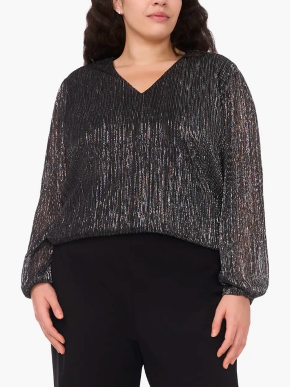 Alfani Metallic V-Neck Long Sleeve Top - Black